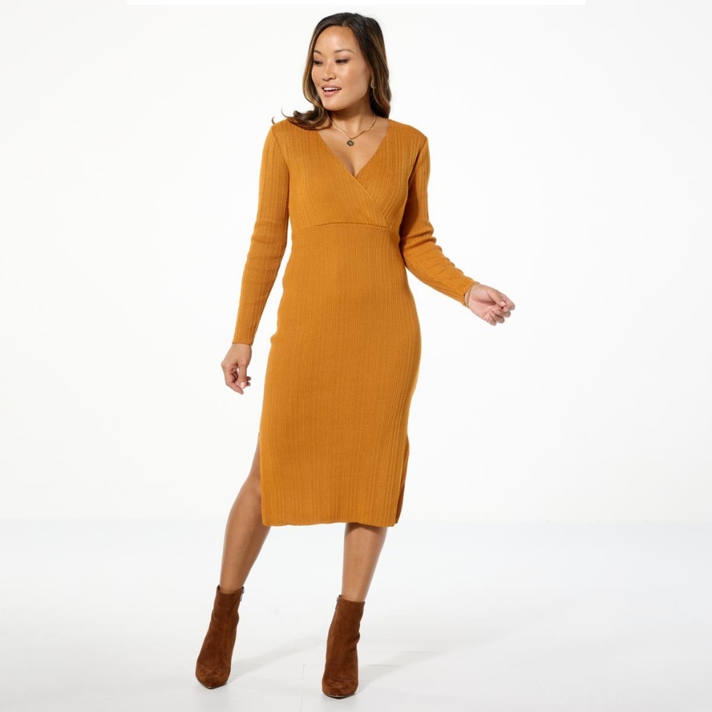 Forever 21 Yellow Ribbed V-Neck Long Sleeve Dress